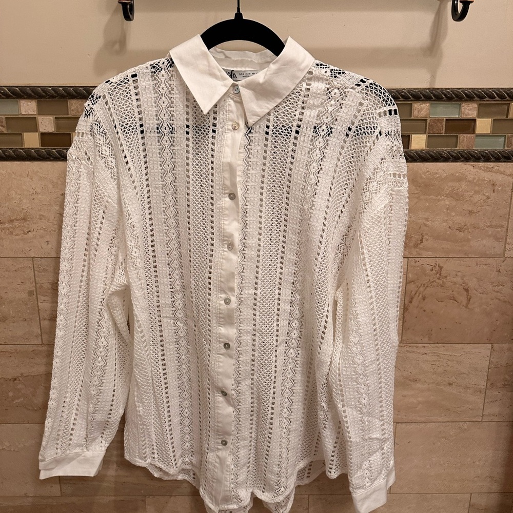 Zara woman’s  White Lace Button Down Shirt